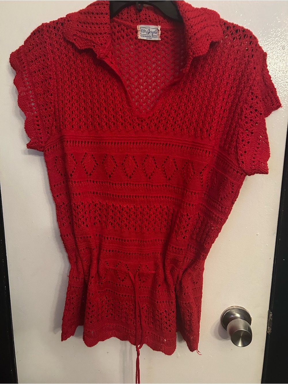 Red Crochet Knit Drawstring Waist Women's Top
